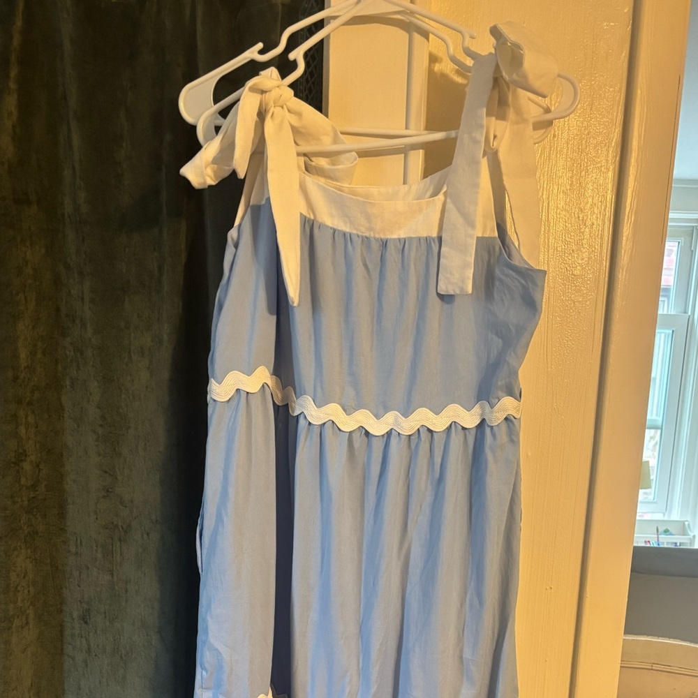 Light Blue Maxi Dress with White Trim - Tie Shoulder Summer Dress - Picture 2 of 3